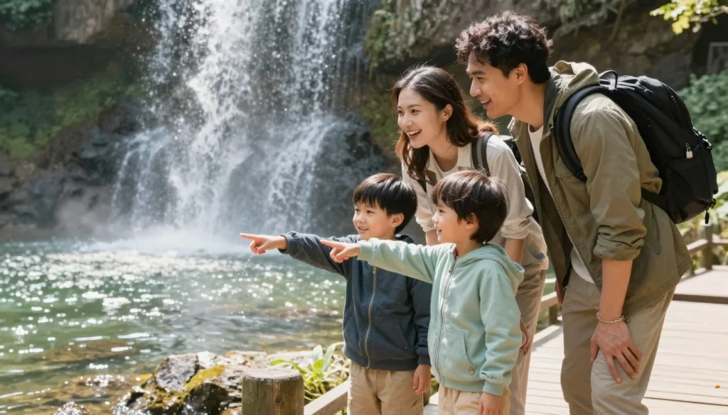 Family with young children exploring near waterfall safely