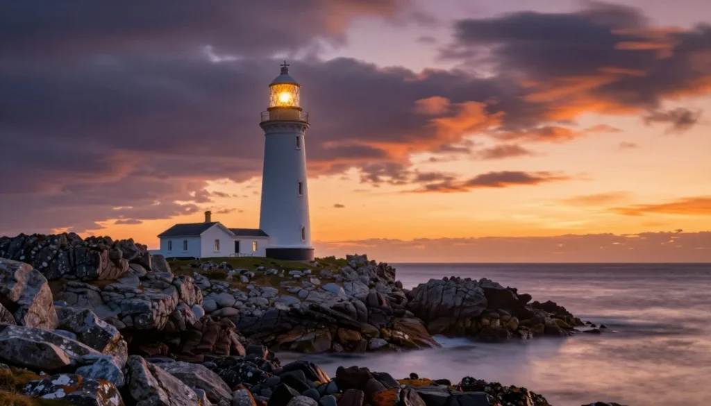 Fanad Lighthouse on coastal headland near Inishowen Peninsula at sunset