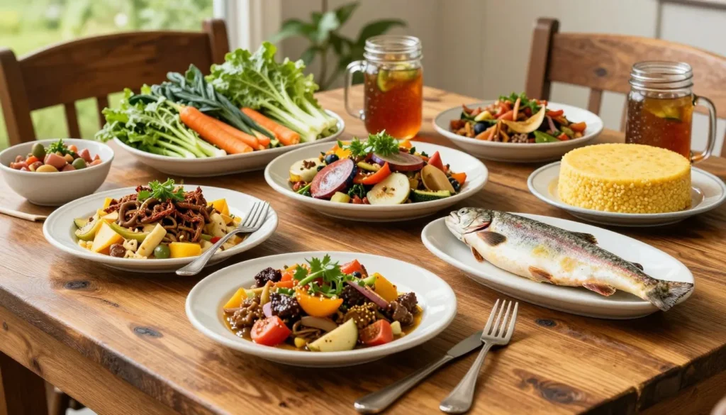 Farm-to-table dining spread featuring local North Carolina mountain cuisine Farm-to-table dining spread featuring local North Carolina mountain cuisine