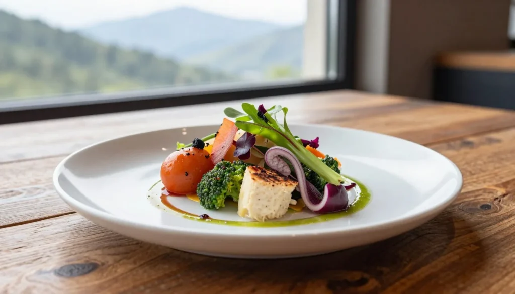 Farm-to-table restaurant meal with mountain view Farm-to-table restaurant meal with mountain view
