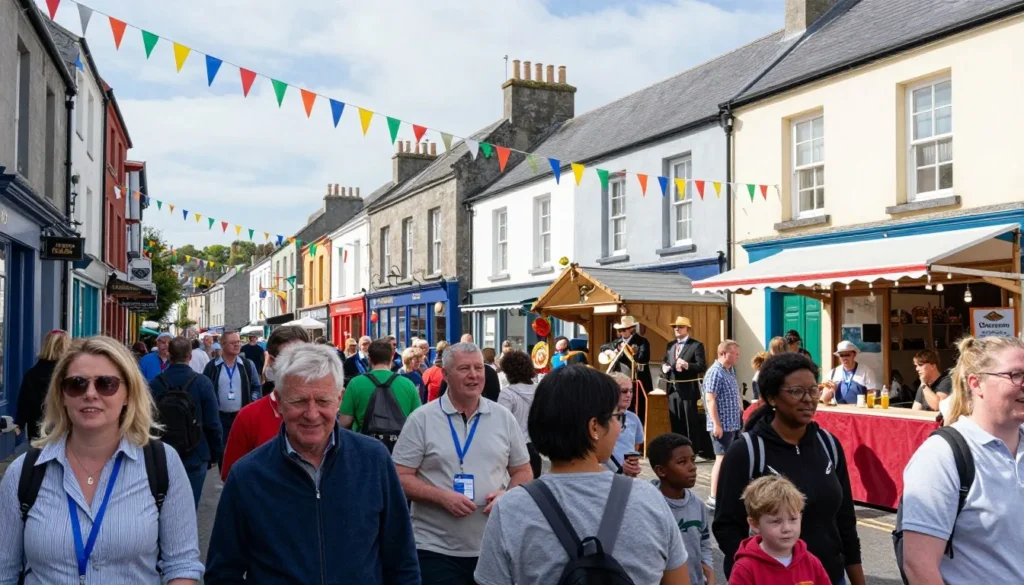 Festival atmosphere in Kinsale town center with people enjoying outdoor events