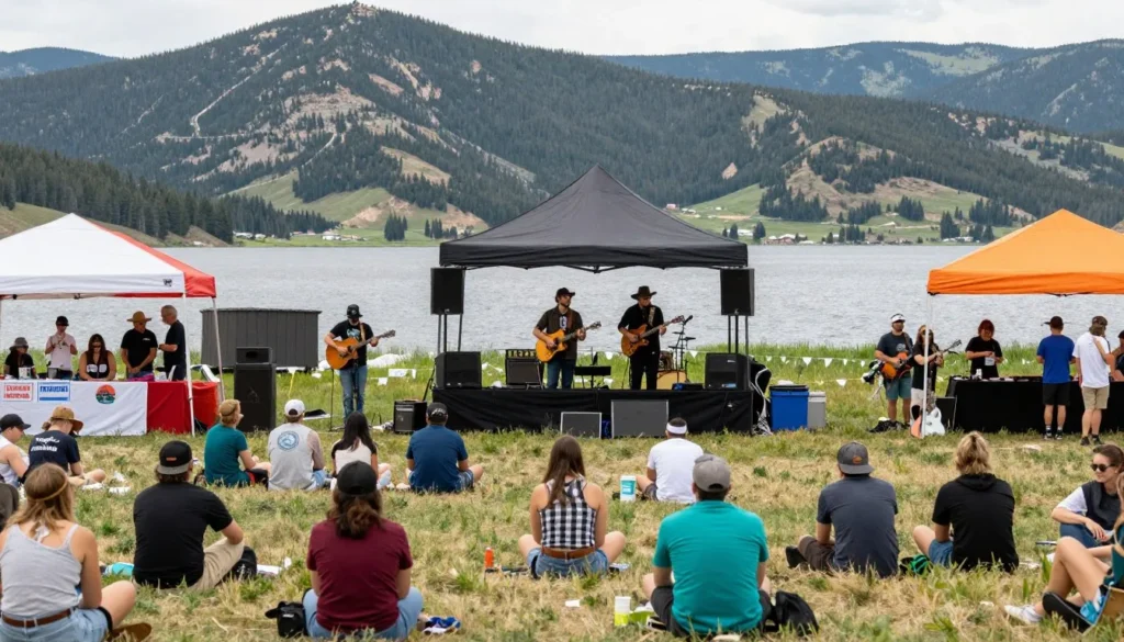 Festival gathering near Turquoise Lake with mountain scenery Festival gathering near Turquoise Lake with mountain scenery