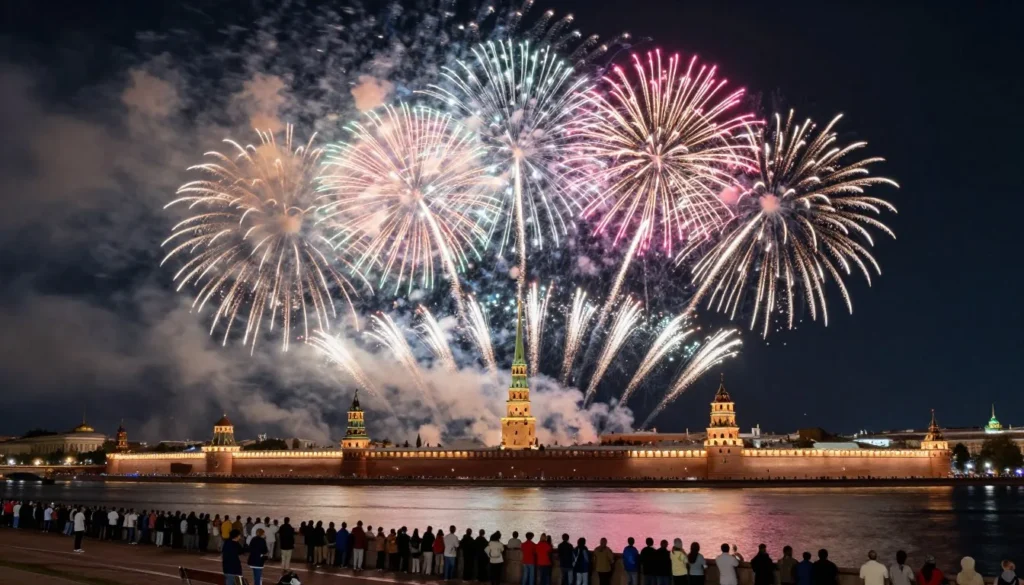 Festive fireworks exploding over the Peter and Paul Fortress during a celebration with crowds of people watching from the embankment Festive fireworks exploding over the Peter and Paul Fortress during a celebration with crowds of people watching from the embankment
