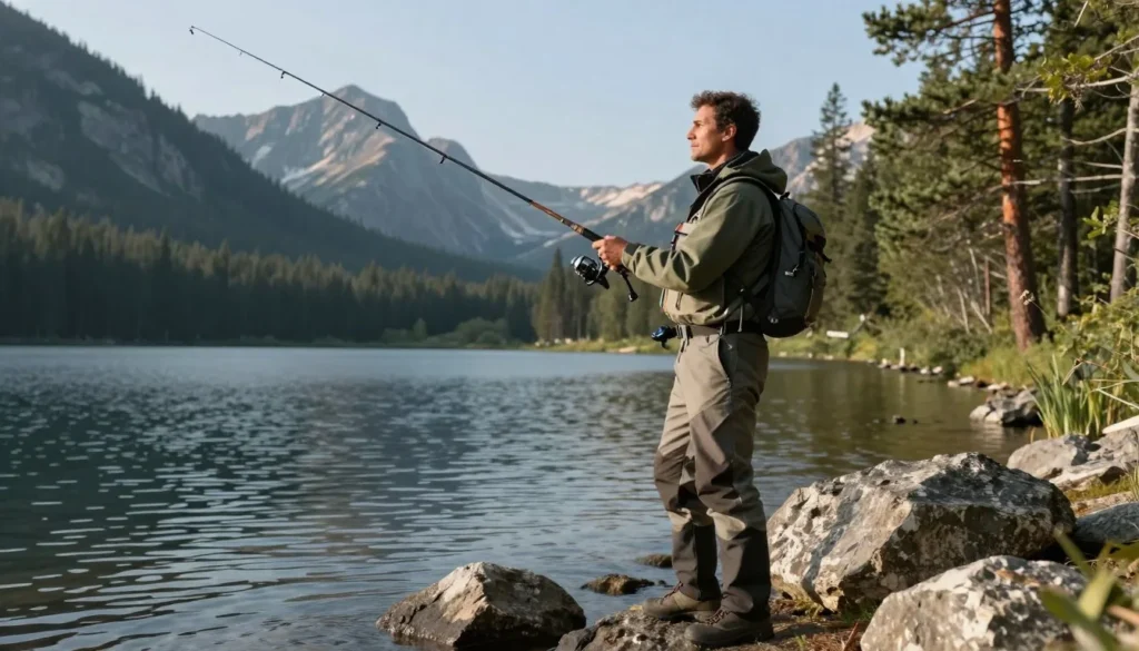 Fisherman casting line into Taylor Park Reservoir with mountain scenery Fisherman casting line into Taylor Park Reservoir with mountain scenery
