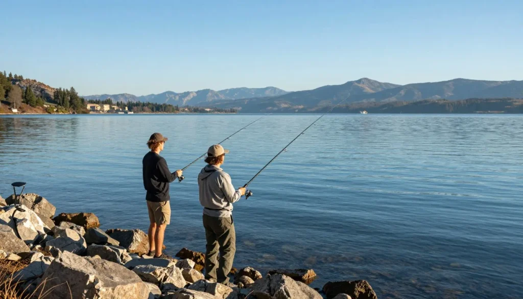 Fishing from shore at Piute Reservoir with mountain backdrop Fishing from shore at Piute Reservoir with mountain backdrop