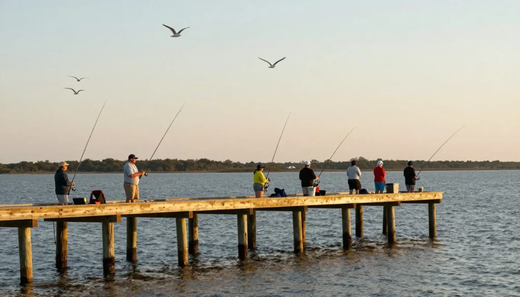 Fishing pier extending into Cape Fear River at golden hour Fishing pier extending into Cape Fear River at golden hour