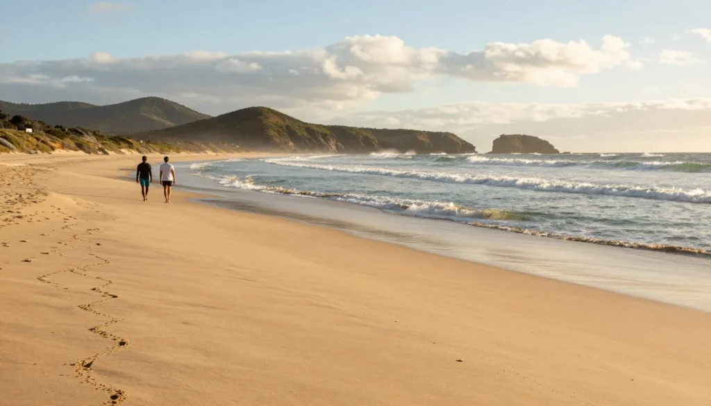 Five Fingers Strand beach on Inishowen Peninsula with golden sand, gentle waves, and coastal hills