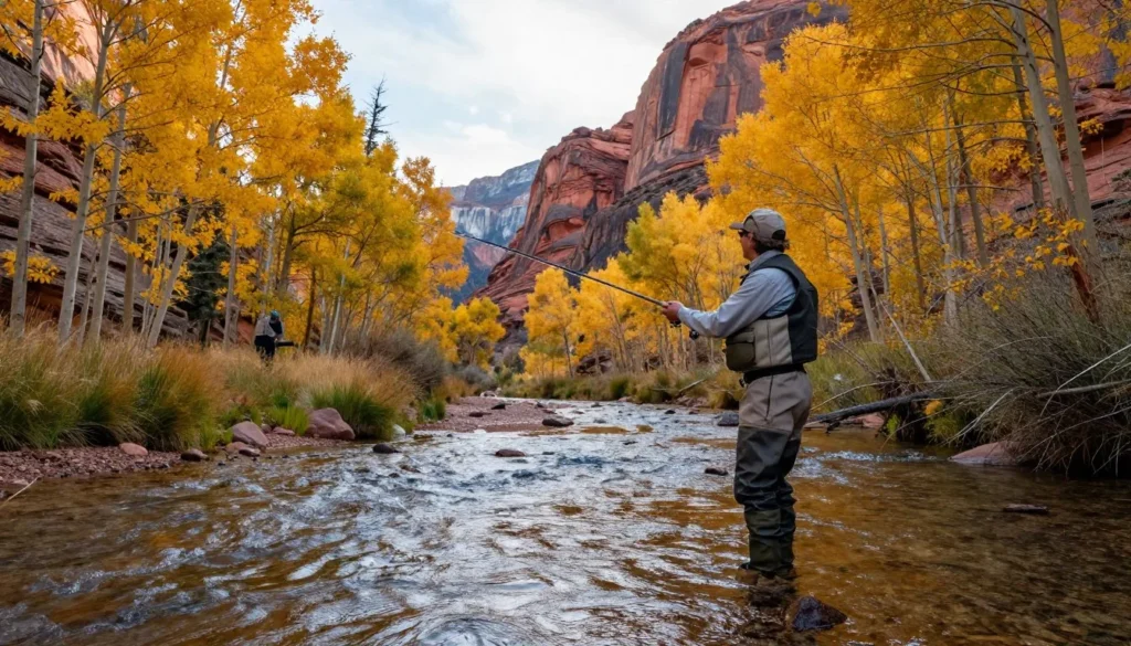 Fly fisherman casting in clear mountain creek surrounded by autumn foliage Fly fisherman casting in clear mountain creek surrounded by autumn foliage