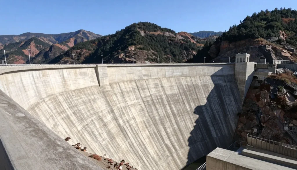 Fontana Dam structure viewed from observation point showing massive concrete face and mountain backdrop Fontana Dam structure viewed from observation point showing massive concrete face and mountain backdrop
