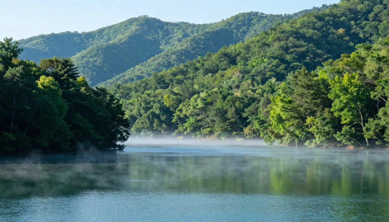Fontana-Lake-North-Carolina-surrounded-by-misty-Great-Smoky-Mountains-with-crystal-clear-waters Fontana Lake North Carolina surrounded by misty Great Smoky Mountains with crystal clear waters reflecting the forested shoreline
