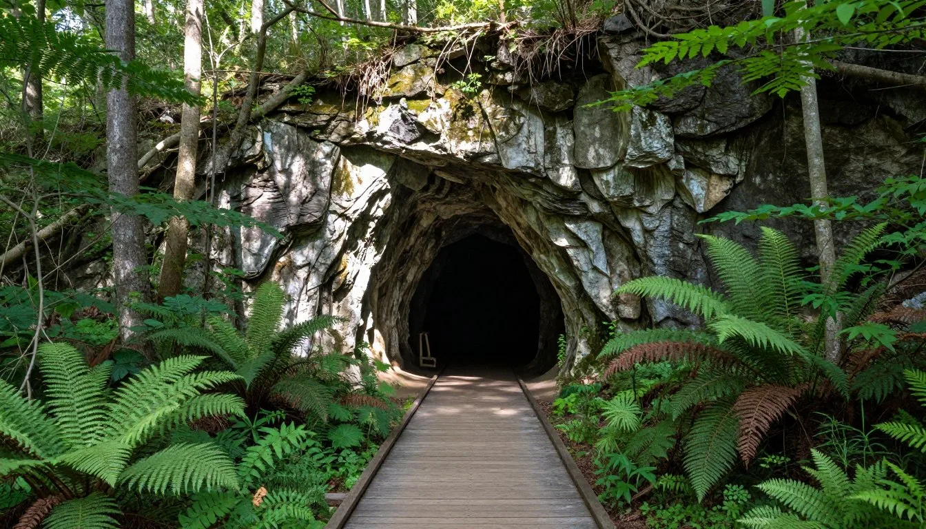 Forbidden-Caverns-entrance-surrounded-by-lush-Tennessee-forest-in-the-Smoky-Mountains Forbidden Caverns entrance surrounded by lush Tennessee forest in the Smoky Mountains