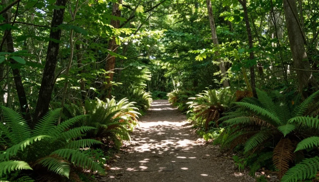 Forest hiking trail with dappled sunlight through trees