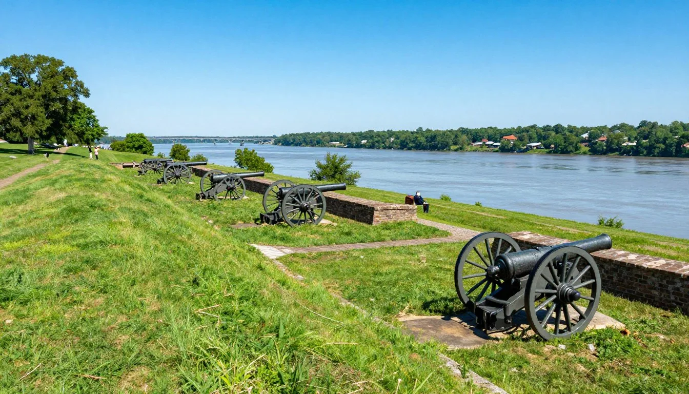 Fort-Donelson-National-Battlefield-historic-earthworks-overlooking-Cumberland-River-with-Civil- Fort Donelson National Battlefield historic earthworks overlooking Cumberland River with Civil War era cannons