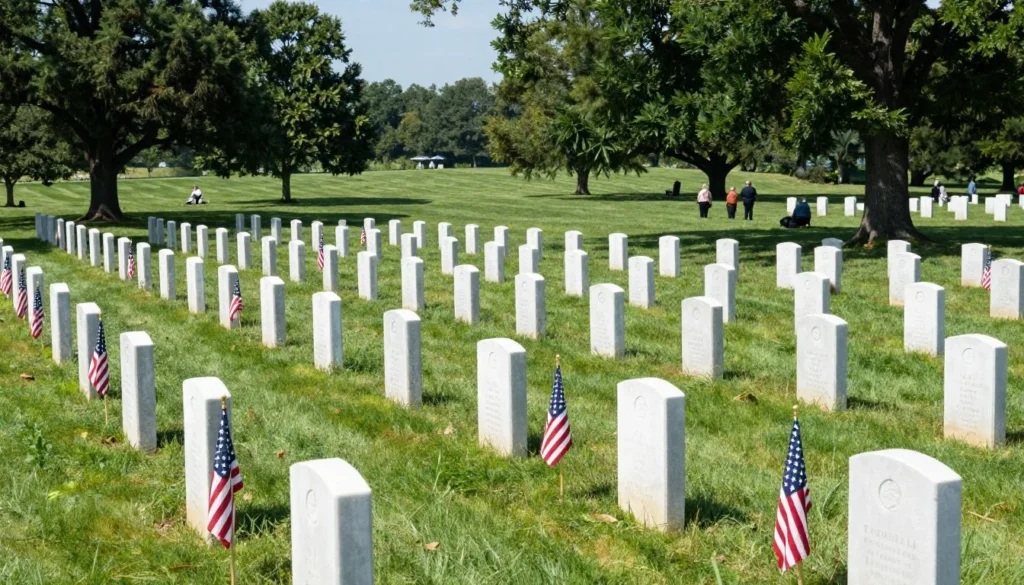 Fort Donelson National Cemetery with rows of white headstones and American flags Fort Donelson National Cemetery with rows of white headstones and American flags