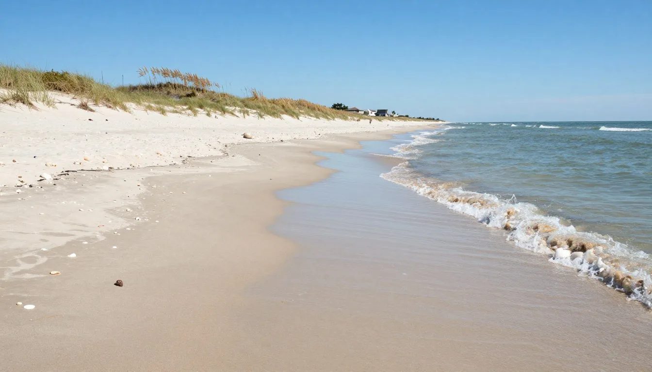 Fort-Fisher-State-Recreation-Area-pristine-beach-shoreline-with-gentle-waves-and-coastal-dunes Fort Fisher State Recreation Area pristine beach shoreline with gentle waves and coastal dunes