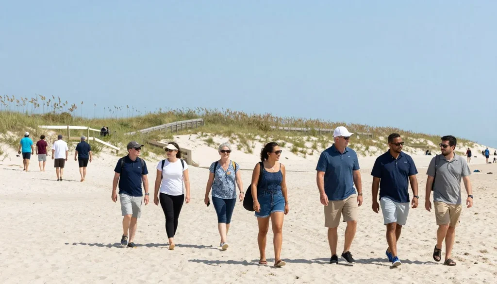 Fort Fisher beach access with diverse tourists walking on sandy shore Fort Fisher beach access with diverse tourists walking on sandy shore
