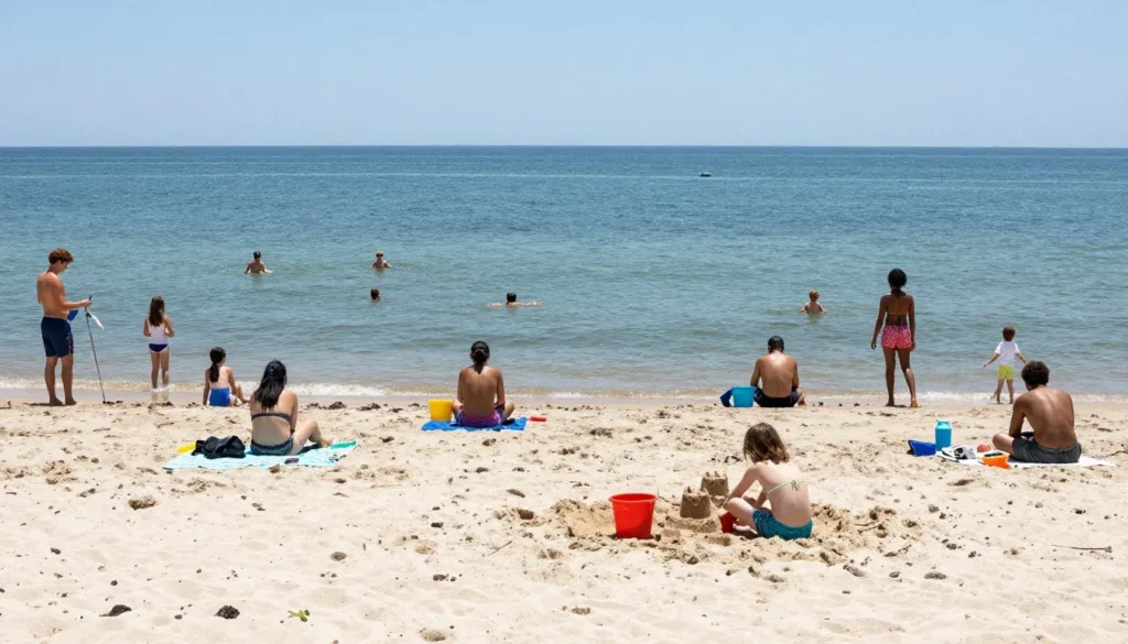 Fort Fisher beach activities with diverse beachgoers enjoying sunny day Fort Fisher beach activities with diverse beachgoers enjoying sunny day