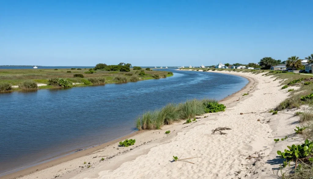 Fort Fisher coastal landscape with Cape Fear River meeting Atlantic Ocean Fort Fisher coastal landscape with Cape Fear River meeting Atlantic Ocean