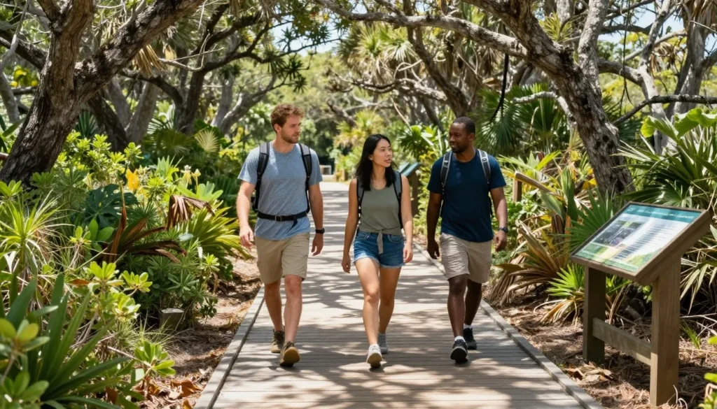 Fort Fisher maritime forest trail with diverse hikers Fort Fisher maritime forest trail with diverse hikers
