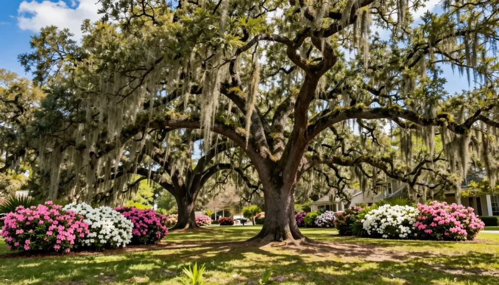Fort Johnston area oak trees with Spanish moss on sunny spring day Fort Johnston area oak trees with Spanish moss on sunny spring day