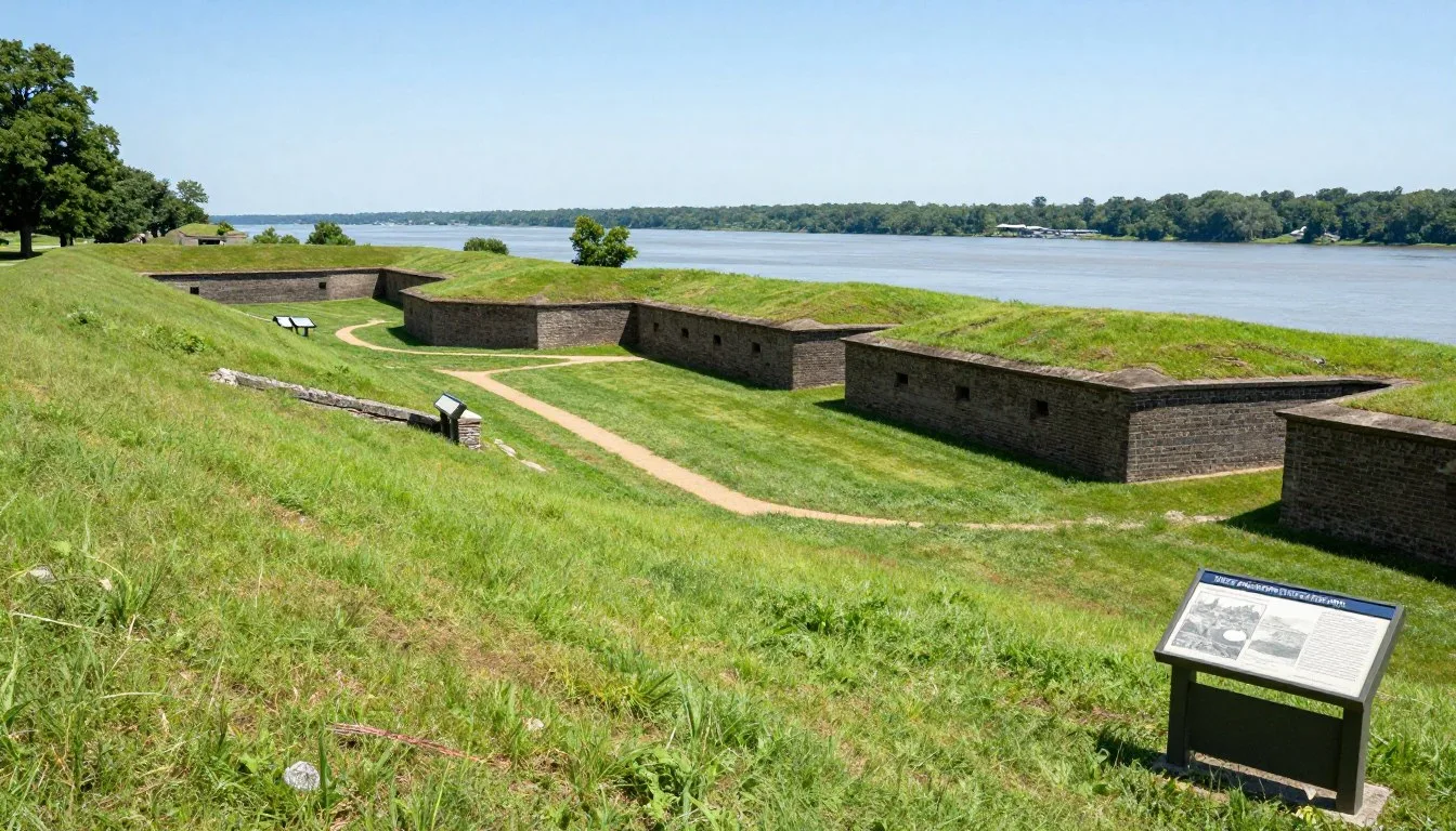 Fort-Pillow-State-Historic-Park-earthwork-fortifications-overlooking-Mississippi-River-with Fort Pillow State Historic Park earthwork fortifications overlooking Mississippi River with historical markers