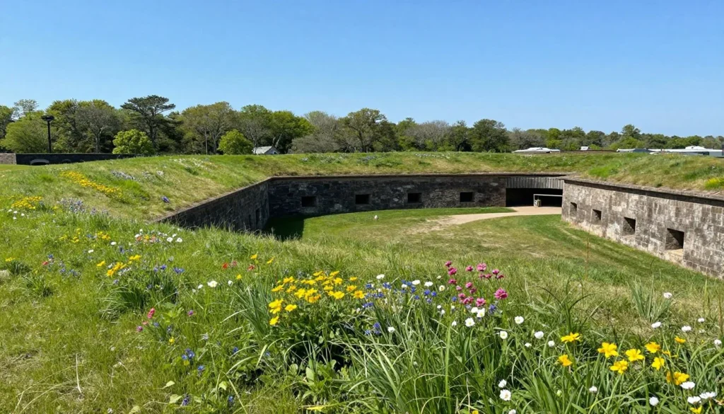 Fort Raleigh historic earthworks during spring season with blooming wildflowers Fort Raleigh historic earthworks during spring season with blooming wildflowers