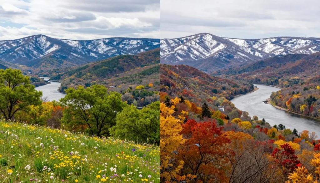 Four seasons collage showing Hot Springs North Carolina mountain landscape changes throughout the year Four seasons collage showing Hot Springs North Carolina mountain landscape changes throughout the year