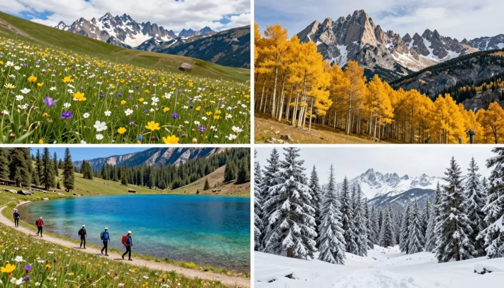 Four seasons collage showing Sierra Nevada landscapes in spring wildflowers, summer lakes, autumn colors, and winter snow Four seasons collage showing Sierra Nevada landscapes in spring wildflowers, summer lakes, autumn colors, and winter snow