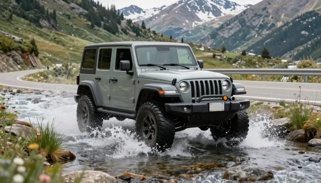 Four-wheel drive vehicle navigating creek crossing safely Four-wheel drive vehicle navigating creek crossing safely