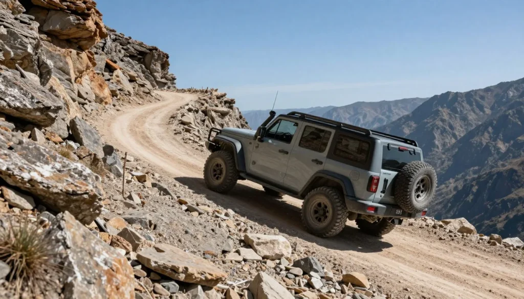 Four-wheel-drive vehicle navigating steep rocky mountain switchback