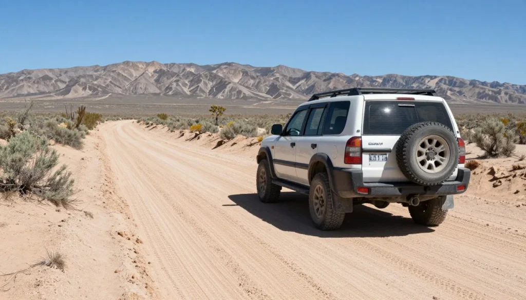 Four-wheel drive vehicle on desert trail Four-wheel drive vehicle on desert trail