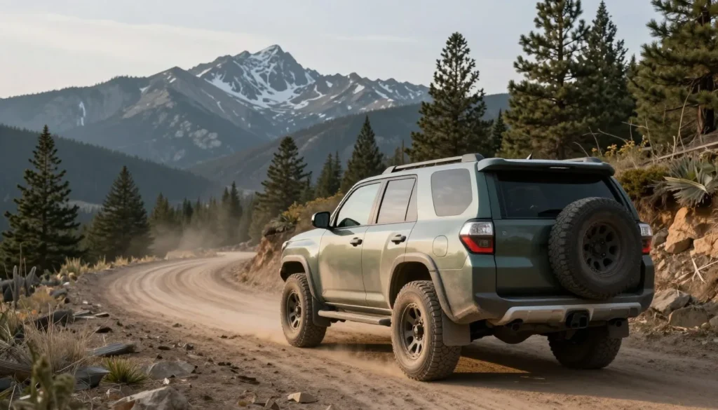 Four-wheel drive vehicle on mountain dirt road in Ruby Mountains region Four-wheel drive vehicle on mountain dirt road in Ruby Mountains region
