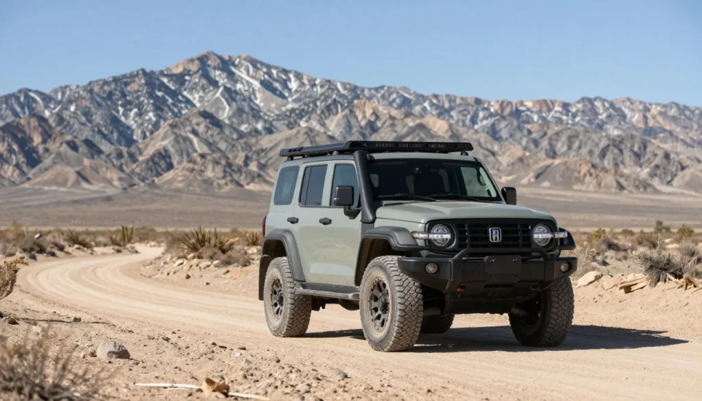 Four-wheel drive vehicle on remote Nevada desert road near Schettler Range