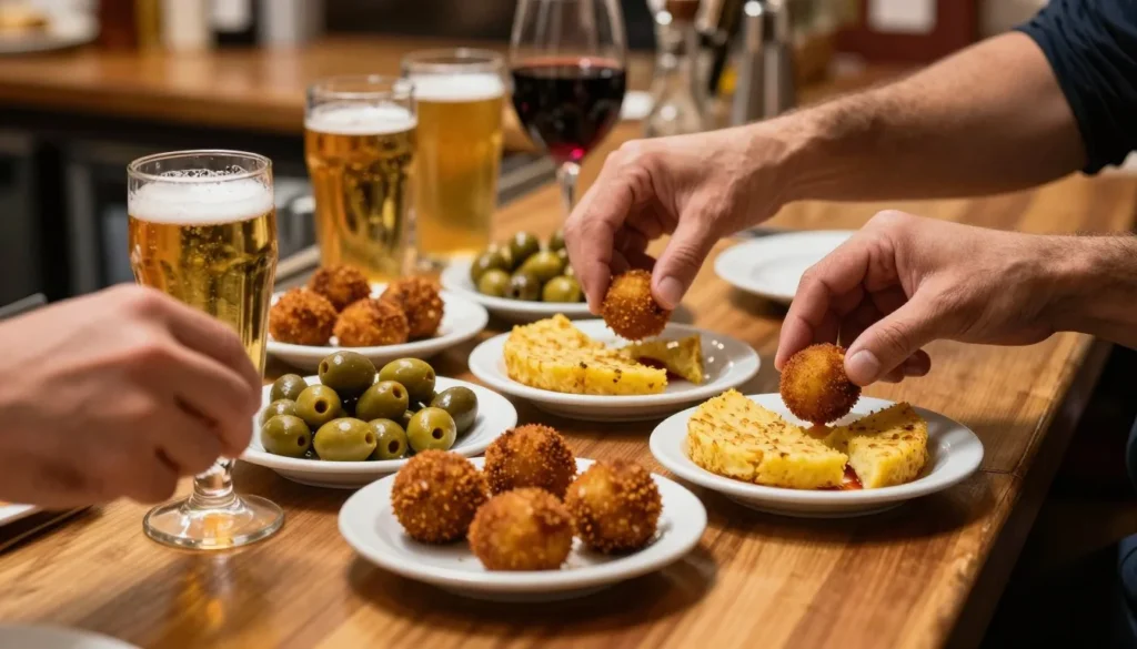 Free tapas displayed on bar counter with drinks in traditional Leon tavern