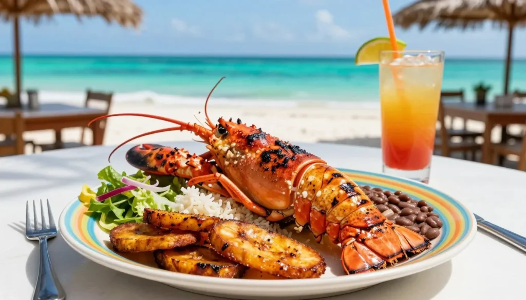 Fresh Caribbean lobster dish with rice and beans served at beachfront restaurant in Caye Caulker