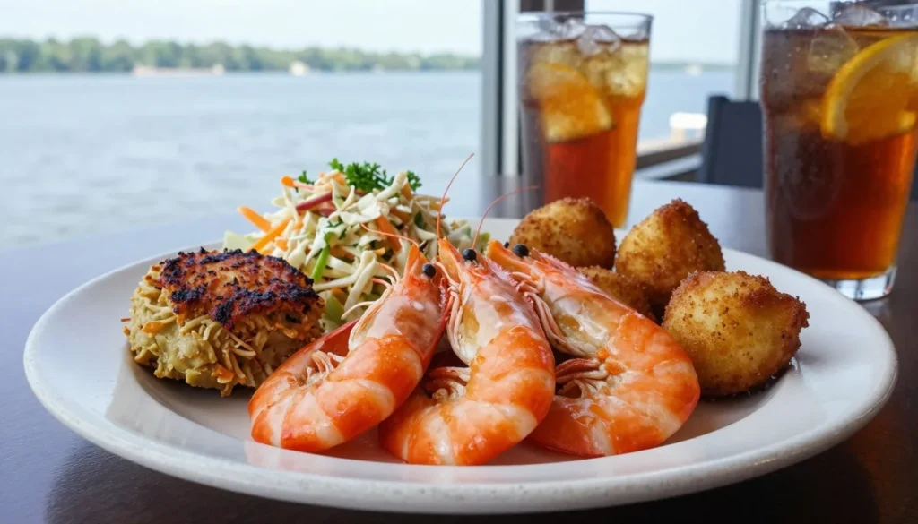 Fresh Carolina shrimp and local seafood platter at waterfront restaurant Fresh Carolina shrimp and local seafood platter at waterfront restaurant