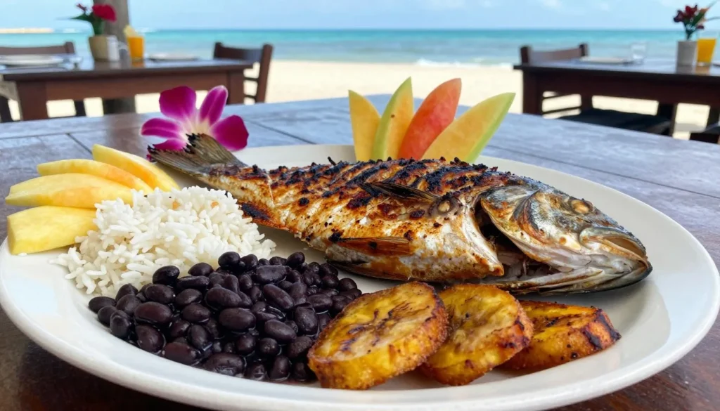 Fresh Costa Rican seafood plate with tropical garnishes in Jaco restaurant