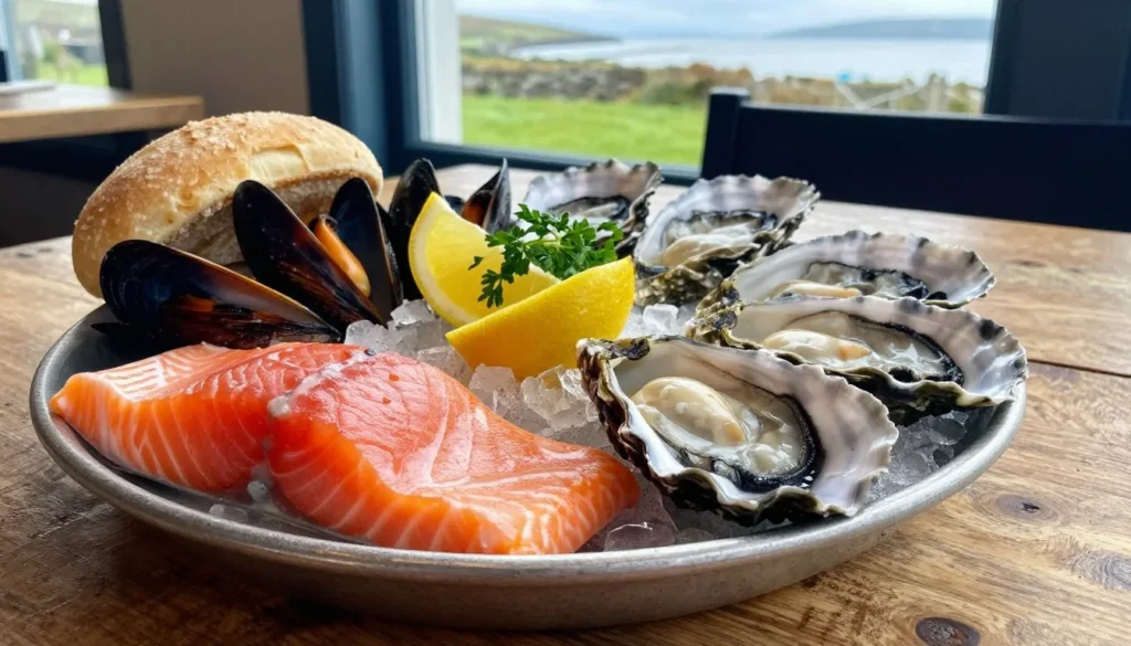 Fresh Irish seafood platter with local shellfish and fish