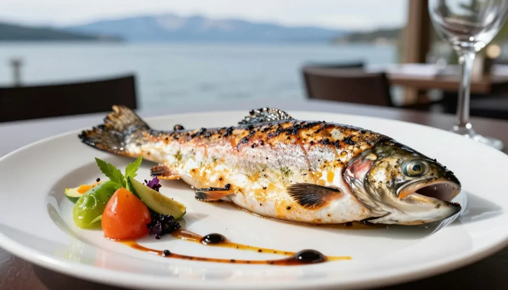 Fresh Lake Tahoe trout dinner plate with mountain vegetables