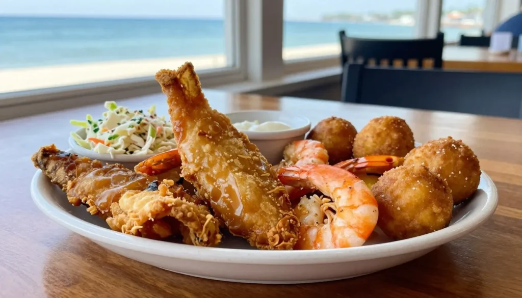 Fresh North Carolina seafood platter with coastal dining atmosphere Fresh North Carolina seafood platter with coastal dining atmosphere