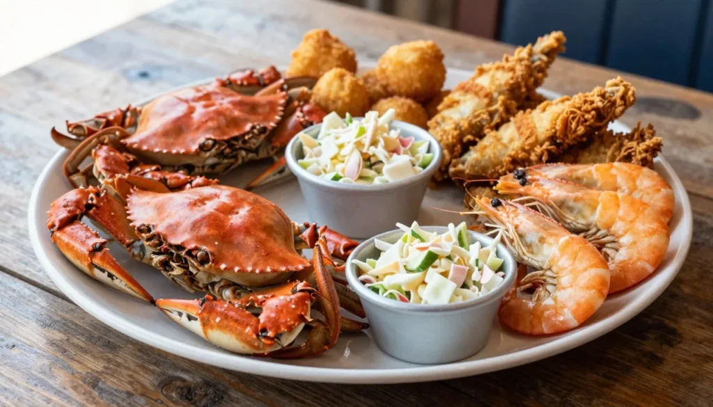 Fresh North Carolina seafood platter with coastal presentation Fresh North Carolina seafood platter with coastal presentation