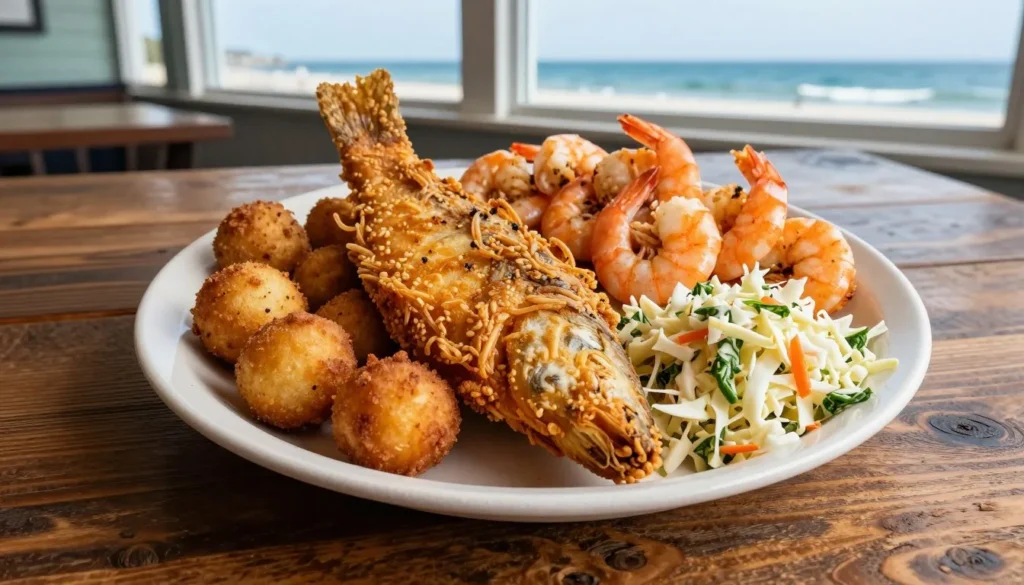 Fresh North Carolina seafood platter with coastal setting Fresh North Carolina seafood platter with coastal setting