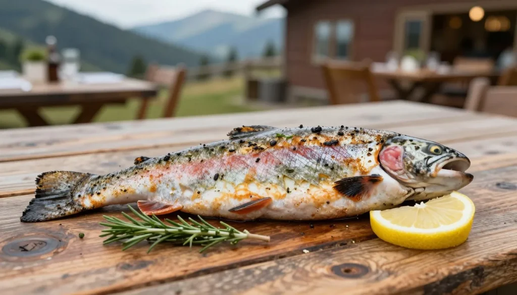 Fresh grilled trout with mountain herbs on rustic table