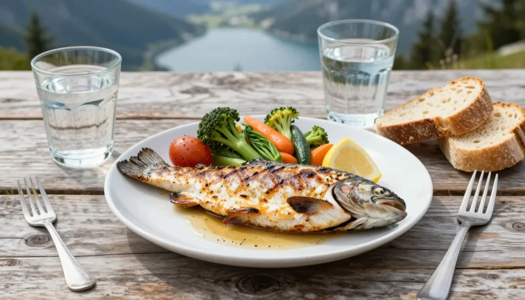 Fresh mountain cuisine dining spread with lake view