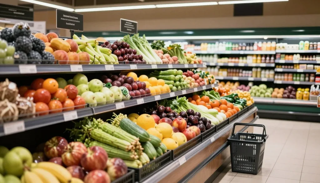 Fresh produce and groceries displayed at small market