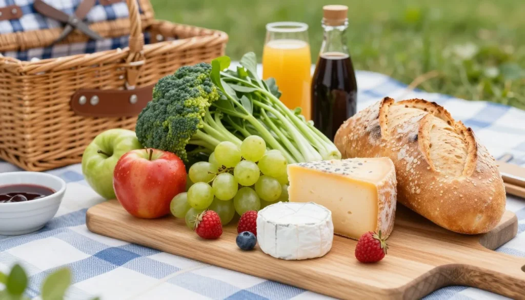 Fresh produce and groceries for picnic preparation