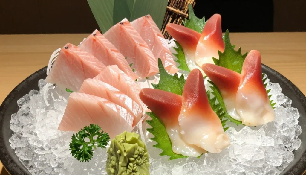 Fresh sashimi platter featuring local Oita fish varieties on ice with garnishes Fresh sashimi platter featuring local Oita fish varieties on ice with garnishes
