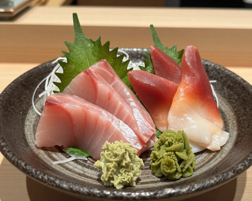 Fresh sashimi platter with local Oita seafood including mackerel and sea urchin