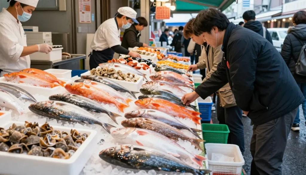 Fresh seafood at Akashi fish market with variety of catches Fresh seafood at Akashi fish market with variety of catches