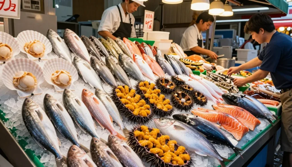 Fresh seafood display at Aomori Gyosai Center with colorful fish, scallops, and sea urchin arranged on ice